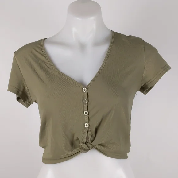 Valleygirl Top Size Med Khaki Green Short Sleeve Crop Ribbed Button Tie-up NEW - Picture 2 of 14